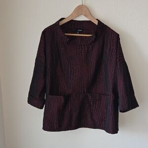 SUN KIM Black Burgundy Textured Blouse 3/4 Sleeve Sz M Office Executive Business